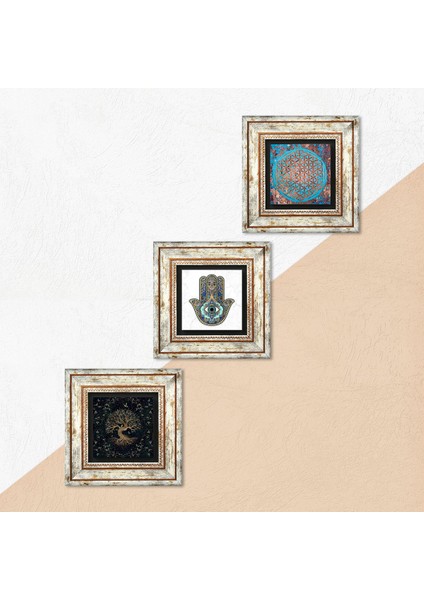 Yaşam Çiçeği, Hayat Ağacı, Fatma Ana Eli (Hamsa) Taş Duvar Tablosu Çerçeveli Duvar Dekoru 3 Parça Tablo Seti Wall Art T3-325 indirimleri