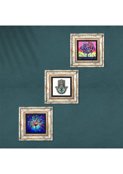 Stone Hayat Ağacı, Hayat Ağacı, Fatma Ana Eli (Hamsa) Çerçeveli Taş Duvar Tablosu 3’lü Set - Dekoratif Modern Sanat, Ev ve Ofis Dekoru |TK3-336| fırsatları