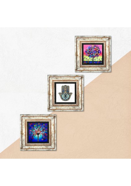Stone Hayat Ağacı, Hayat Ağacı, Fatma Ana Eli (Hamsa) Çerçeveli Taş Duvar Tablosu 3’lü Set - Dekoratif Modern Sanat, Ev ve Ofis Dekoru |TK3-336| indirimleri