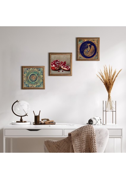 Mandala, Tavus Kuşu, Nar Taş Duvar Tablosu Ahşap Çerçeveli Duvar Dekoru 3 Parça Tablo Seti Wall Art W3-1665