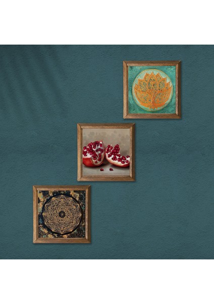 Sri Yantra, Lotus Çiçeği, Nar Taş Duvar Tablosu Ahşap Çerçeveli Duvar Dekoru 3 Parça Tablo Seti Wall Art W3-1669 modelleri