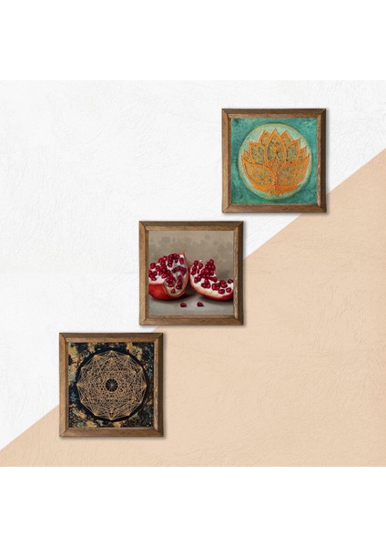 Sri Yantra, Lotus Çiçeği, Nar Taş Duvar Tablosu Ahşap Çerçeveli Duvar Dekoru 3 Parça Tablo Seti Wall Art W3-1669 indirimleri