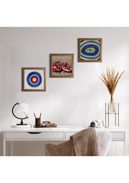 Nazar, Nar Taş Duvar Tablosu Ahşap Çerçeveli Duvar Dekoru 3 Parça Tablo Seti Wall Art W3-1677
