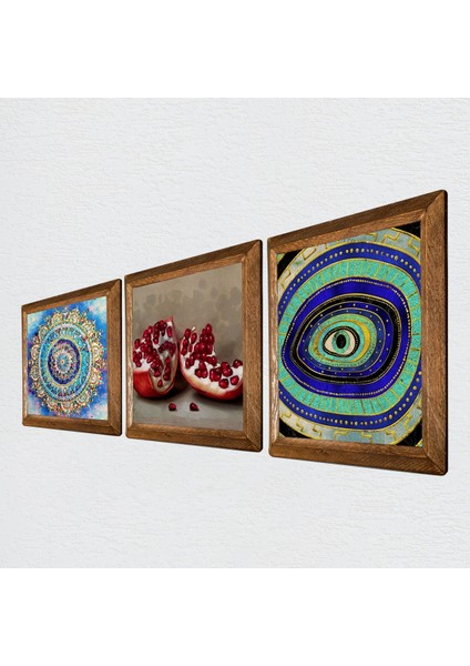 Mandala, Nazar, Nar Taş Duvar Tablosu Ahşap Çerçeveli Duvar Dekoru 3 Parça Tablo Seti Wall Art W3-1679 fiyatları