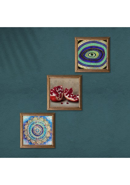 Mandala, Nazar, Nar Taş Duvar Tablosu Ahşap Çerçeveli Duvar Dekoru 3 Parça Tablo Seti Wall Art W3-1679 modelleri