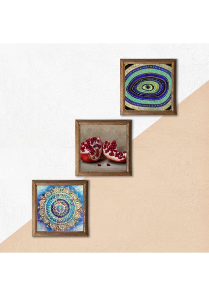 Mandala, Nazar, Nar Taş Duvar Tablosu Ahşap Çerçeveli Duvar Dekoru 3 Parça Tablo Seti Wall Art W3-1679 indirimleri