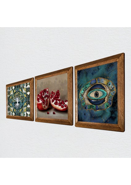 Hayat Ağacı, Nazar, Nar Taş Duvar Tablosu Ahşap Çerçeveli Duvar Dekoru 3 Parça Tablo Seti Wall Art W3-1684 fiyatları