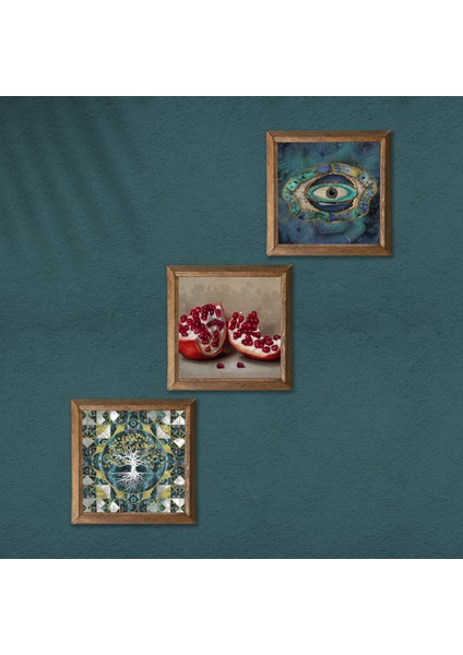 Hayat Ağacı, Nazar, Nar Taş Duvar Tablosu Ahşap Çerçeveli Duvar Dekoru 3 Parça Tablo Seti Wall Art W3-1684 modelleri