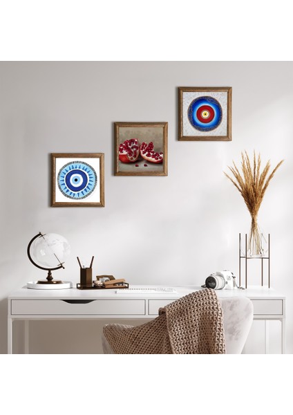 Nazar, Nar Taş Duvar Tablosu Ahşap Çerçeveli Duvar Dekoru 3 Parça Tablo Seti Wall Art W3-1697