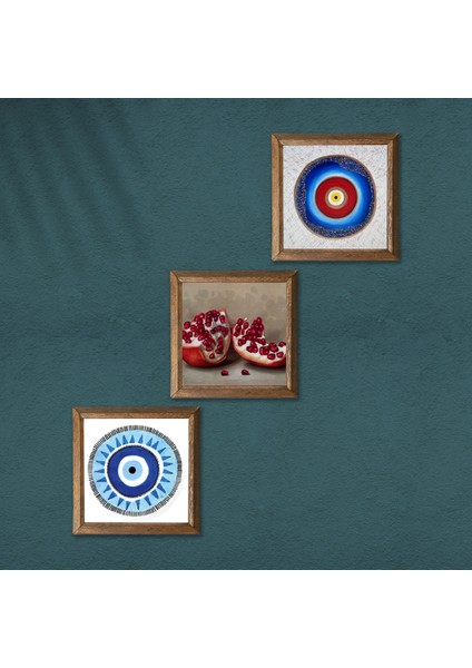 Nazar, Nar Taş Duvar Tablosu Ahşap Çerçeveli Duvar Dekoru 3 Parça Tablo Seti Wall Art W3-1697 modelleri