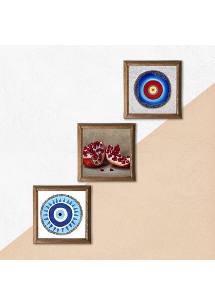 Nazar, Nar Taş Duvar Tablosu Ahşap Çerçeveli Duvar Dekoru 3 Parça Tablo Seti Wall Art W3-1697 indirimleri