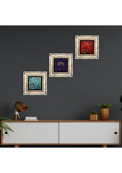 Hayat Ağacı, Van Gogh Badem Ağacı Taş Duvar Tablosu Çerçeveli Duvar Dekoru 3 Parça Tablo Seti Wall Art T3-1768