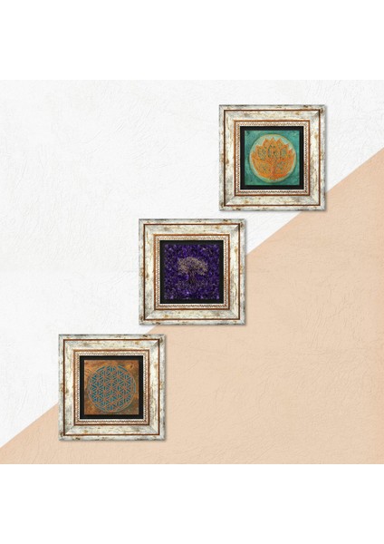 Yaşam Çiçeği, Hayat Ağacı, Lotus Çiçeği Taş Duvar Tablosu Çerçeveli Duvar Dekoru 3 Parça Tablo Seti Wall Art T3-1774 indirimleri