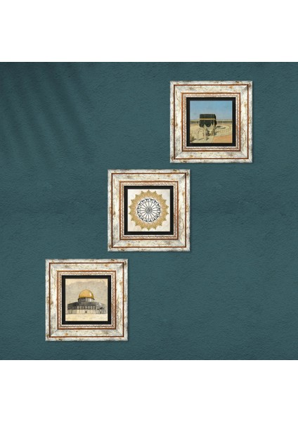 Şems Suresi, Kabe-i Muazzama, Mescid-i Aksa Taş Duvar Tablosu Çerçeveli Duvar Dekoru 3 Parça Tablo Seti Wall Art T3-1794