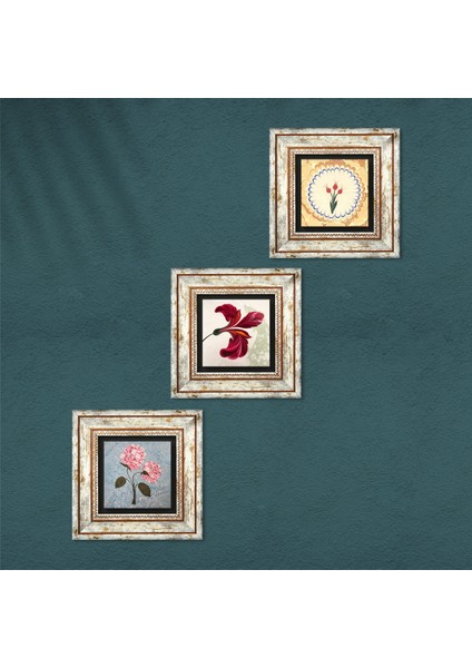 Pembe Ortanca Çiçeği, Ebru Sanatı Lale Taş Duvar Tablosu Çerçeveli Duvar Dekoru 3 Parça Tablo Seti Wall Art T3-1815