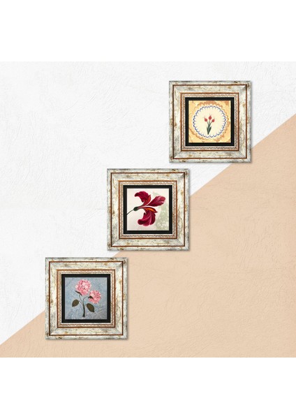 Pembe Ortanca Çiçeği, Ebru Sanatı Lale Taş Duvar Tablosu Çerçeveli Duvar Dekoru 3 Parça Tablo Seti Wall Art T3-1815