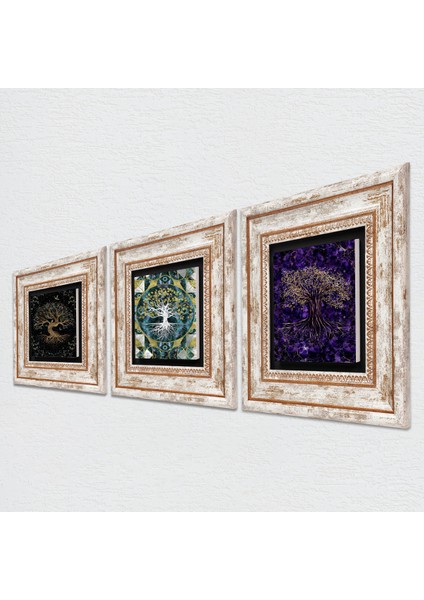 Stone Hayat Ağacı Çerçeveli Taş Duvar Tablosu 3’lü Set - Dekoratif Modern Sanat, Ev ve Ofis Dekoru |TK3-1919| fiyatları