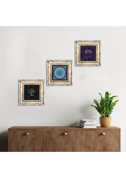 Nazar, Hayat Ağacı Taş Duvar Tablosu Çerçeveli Duvar Dekoru 3 Parça Tablo Seti Wall Art T3-1928