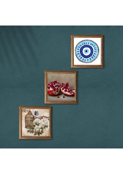 Nazar, Kelebekli Çiçek, Nar Taş Duvar Tablosu Ahşap Çerçeveli Duvar Dekoru 3 Parça Tablo Seti Wall Art W3-1108