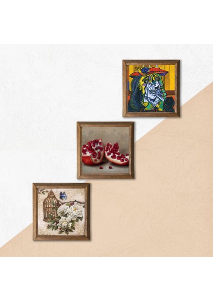 Picasso Ağlayan Kadın, Kelebekli Çiçek, Nar Taş Duvar Tablosu Ahşap Çerçeveli Duvar Dekoru 3 Parça Tablo Seti Wall Art W3-1119