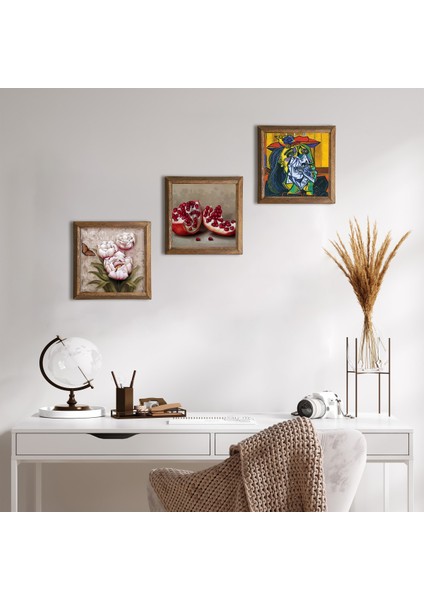 Picasso Ağlayan Kadın, Kelebekli Çiçek, Nar Taş Duvar Tablosu Ahşap Çerçeveli Duvar Dekoru 3 Parça Tablo Seti Wall Art W3-1277