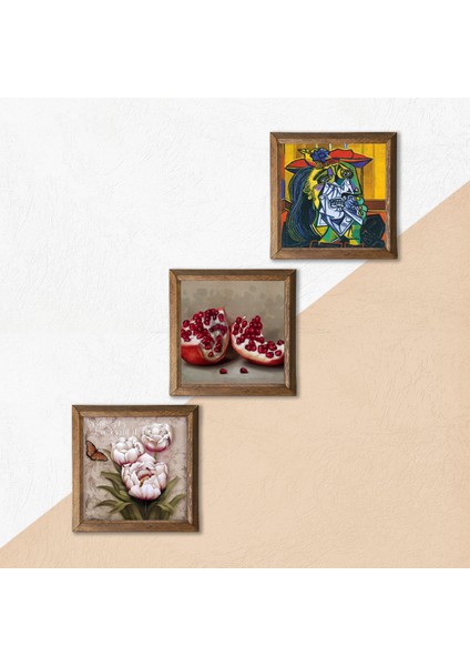 Picasso Ağlayan Kadın, Kelebekli Çiçek, Nar Taş Duvar Tablosu Ahşap Çerçeveli Duvar Dekoru 3 Parça Tablo Seti Wall Art W3-1277 indirimleri