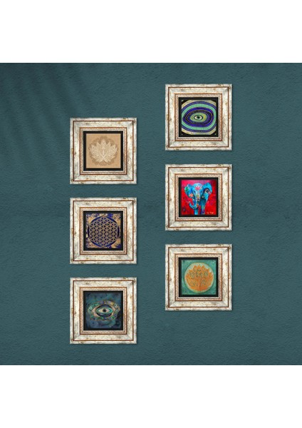 Fil, Nazar, Lotus Çiçeği, Yaşam Çiçeği Taş Duvar Tablosu Çerçeveli Duvar Dekoru 6 Parça Tablo Seti Wall Art T6-68