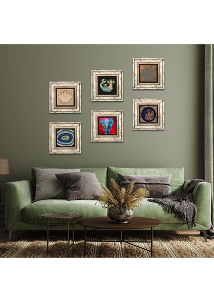 Yaşam Çiçeği, Fil, Nazar, Tavus Kuşu, Lotus Çiçeği, Şahmeran Taş Duvar Tablosu Çerçeveli Duvar Dekoru 6 Parça Tablo Seti Wall Art T6-75