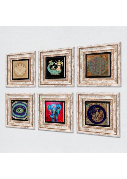 Yaşam Çiçeği, Fil, Nazar, Tavus Kuşu, Lotus Çiçeği, Şahmeran Taş Duvar Tablosu Çerçeveli Duvar Dekoru 6 Parça Tablo Seti Wall Art T6-75
