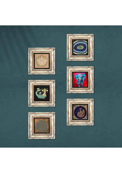 Yaşam Çiçeği, Fil, Nazar, Tavus Kuşu, Lotus Çiçeği, Şahmeran Taş Duvar Tablosu Çerçeveli Duvar Dekoru 6 Parça Tablo Seti Wall Art T6-75