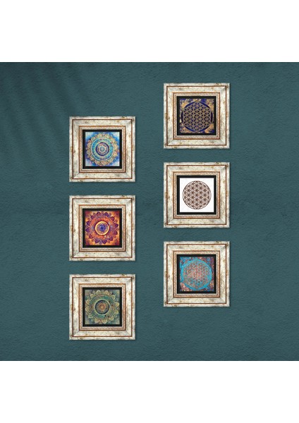 Mandala, Yaşam Çiçeği Taş Duvar Tablosu Çerçeveli Duvar Dekoru 6 Parça Tablo Seti Wall Art T6-34