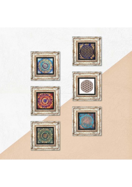 Mandala, Yaşam Çiçeği Taş Duvar Tablosu Çerçeveli Duvar Dekoru 6 Parça Tablo Seti Wall Art T6-34