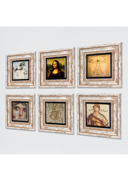 Mozaik Serisi, Leonardo da Vinci Taş Duvar Tablosu Çerçeveli Duvar Dekoru 6 Parça Tablo Seti Wall Art T6-51