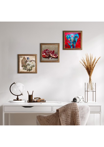 Fil, Kelebekli Çiçek, Nar Taş Duvar Tablosu Ahşap Çerçeveli Duvar Dekoru 3 Parça Tablo Seti Wall Art W3-1100