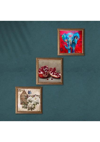 Fil, Kelebekli Çiçek, Nar Taş Duvar Tablosu Ahşap Çerçeveli Duvar Dekoru 3 Parça Tablo Seti Wall Art W3-1100 modelleri