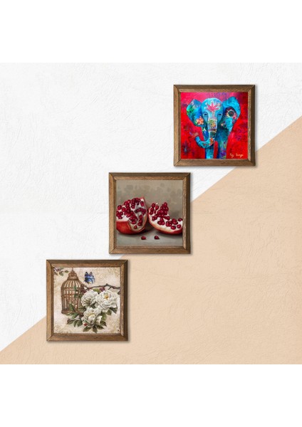 Fil, Kelebekli Çiçek, Nar Taş Duvar Tablosu Ahşap Çerçeveli Duvar Dekoru 3 Parça Tablo Seti Wall Art W3-1100 indirimleri