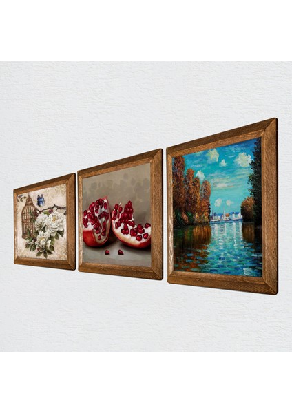 Claude Monet Sonbahar, Kelebekli Çiçek, Nar Taş Duvar Tablosu Ahşap Çerçeveli Duvar Dekoru 3 Parça Tablo Seti Wall Art W3-1111 fiyatları