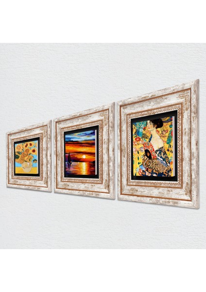 Van Gogh, Gustav Klimt, Deniz Manzarası Taş Duvar Tablosu Çerçeveli Duvar Dekoru 3 Parça Tablo Seti Wall Art T3-1947