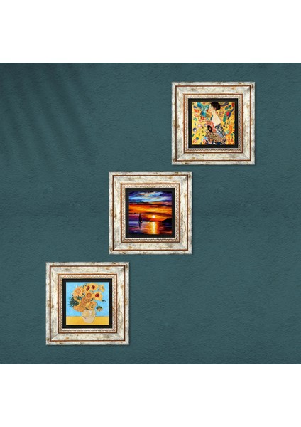 Van Gogh, Gustav Klimt, Deniz Manzarası Taş Duvar Tablosu Çerçeveli Duvar Dekoru 3 Parça Tablo Seti Wall Art T3-1947