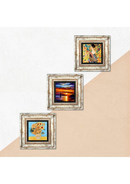 Van Gogh, Gustav Klimt, Deniz Manzarası Taş Duvar Tablosu Çerçeveli Duvar Dekoru 3 Parça Tablo Seti Wall Art T3-1947