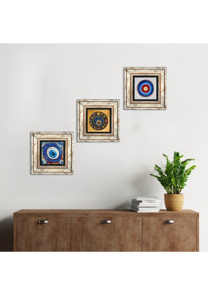 Stone Nazar Çerçeveli Taş Duvar Tablosu 3’lü Set - Dekoratif Modern Sanat, Ev ve Ofis Dekoru |TK3-1963|