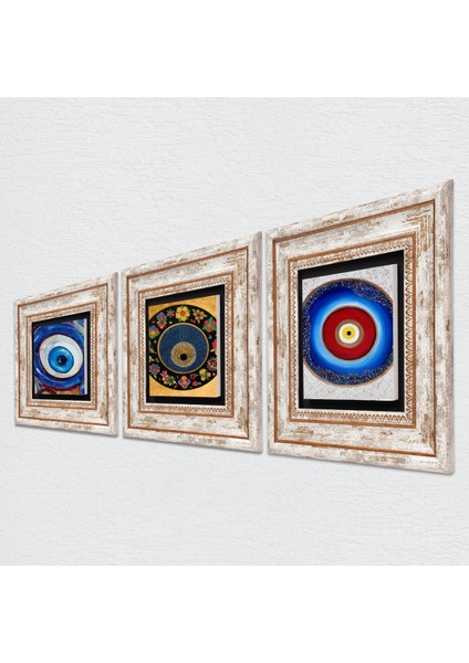 Stone Nazar Çerçeveli Taş Duvar Tablosu 3’lü Set - Dekoratif Modern Sanat, Ev ve Ofis Dekoru |TK3-1963| fiyatları