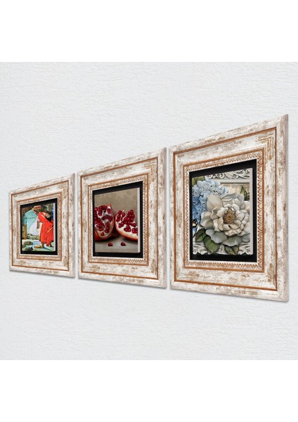 Kaplumbağa Terbiyecisi, Kelebekli Çiçek, Nar Taş Duvar Tablosu Çerçeveli Duvar Dekoru 3 Parça Tablo Seti Wall Art T3-1129 fiyatları