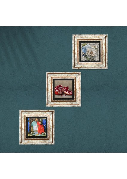 Kaplumbağa Terbiyecisi, Kelebekli Çiçek, Nar Taş Duvar Tablosu Çerçeveli Duvar Dekoru 3 Parça Tablo Seti Wall Art T3-1129 fırsatları