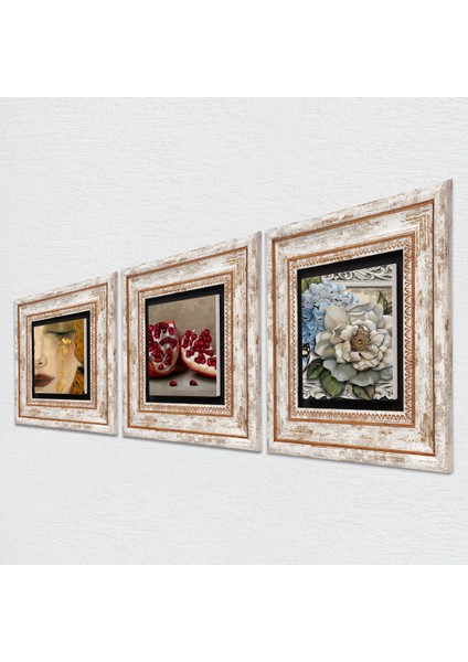 Gustav Klimt Altın Gözyaşları, Kelebekli Çiçek, Nar Taş Duvar Tablosu Çerçeveli Duvar Dekoru 3 Parça Tablo Seti Wall Art T3-1134