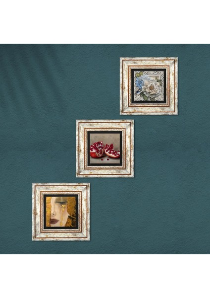 Gustav Klimt Altın Gözyaşları, Kelebekli Çiçek, Nar Taş Duvar Tablosu Çerçeveli Duvar Dekoru 3 Parça Tablo Seti Wall Art T3-1134