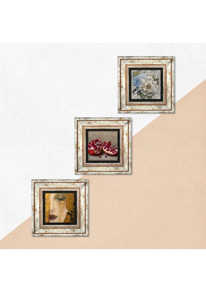 Gustav Klimt Altın Gözyaşları, Kelebekli Çiçek, Nar Taş Duvar Tablosu Çerçeveli Duvar Dekoru 3 Parça Tablo Seti Wall Art T3-1134
