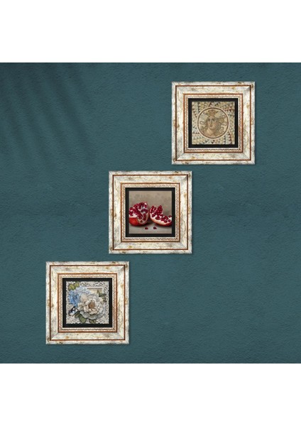 Mozaik Serisi, Kelebekli Çiçek, Nar Taş Duvar Tablosu Çerçeveli Duvar Dekoru 3 Parça Tablo Seti Wall Art T3-1141