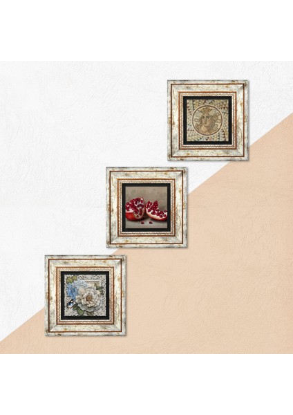 Mozaik Serisi, Kelebekli Çiçek, Nar Taş Duvar Tablosu Çerçeveli Duvar Dekoru 3 Parça Tablo Seti Wall Art T3-1141