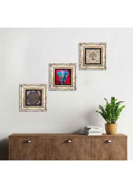 Fil, Yaşam Çiçeği, Hayat Ağacı Taş Duvar Tablosu Çerçeveli Duvar Dekoru 3 Parça Tablo Seti Wall Art T3-333